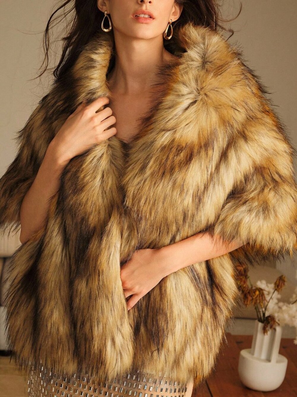 Brown Casual Women's Faux Fur Shawl